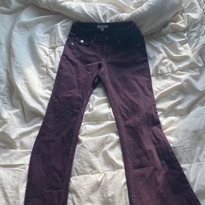 Low rise flare purple jeans with white stitching